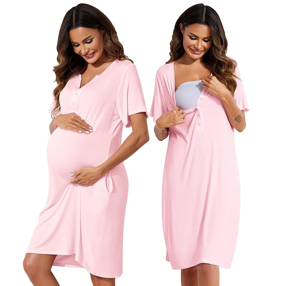 Maternity Nursing Hospital Gown Dress Nightgown Pajamas pink